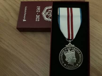 Photo of the Queen Elizabeth II Platinum Jubilee Medal awarded to Dwayne Brenna.